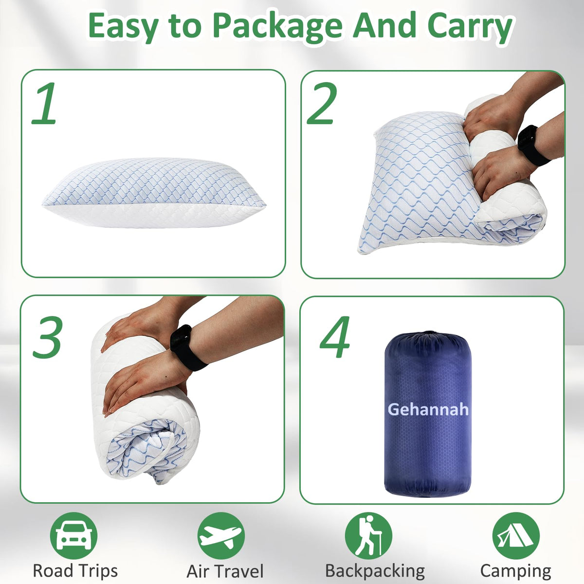 Large 2 Pack Compressible Camping Pillow for Sleeping - Shredded Memory Foam