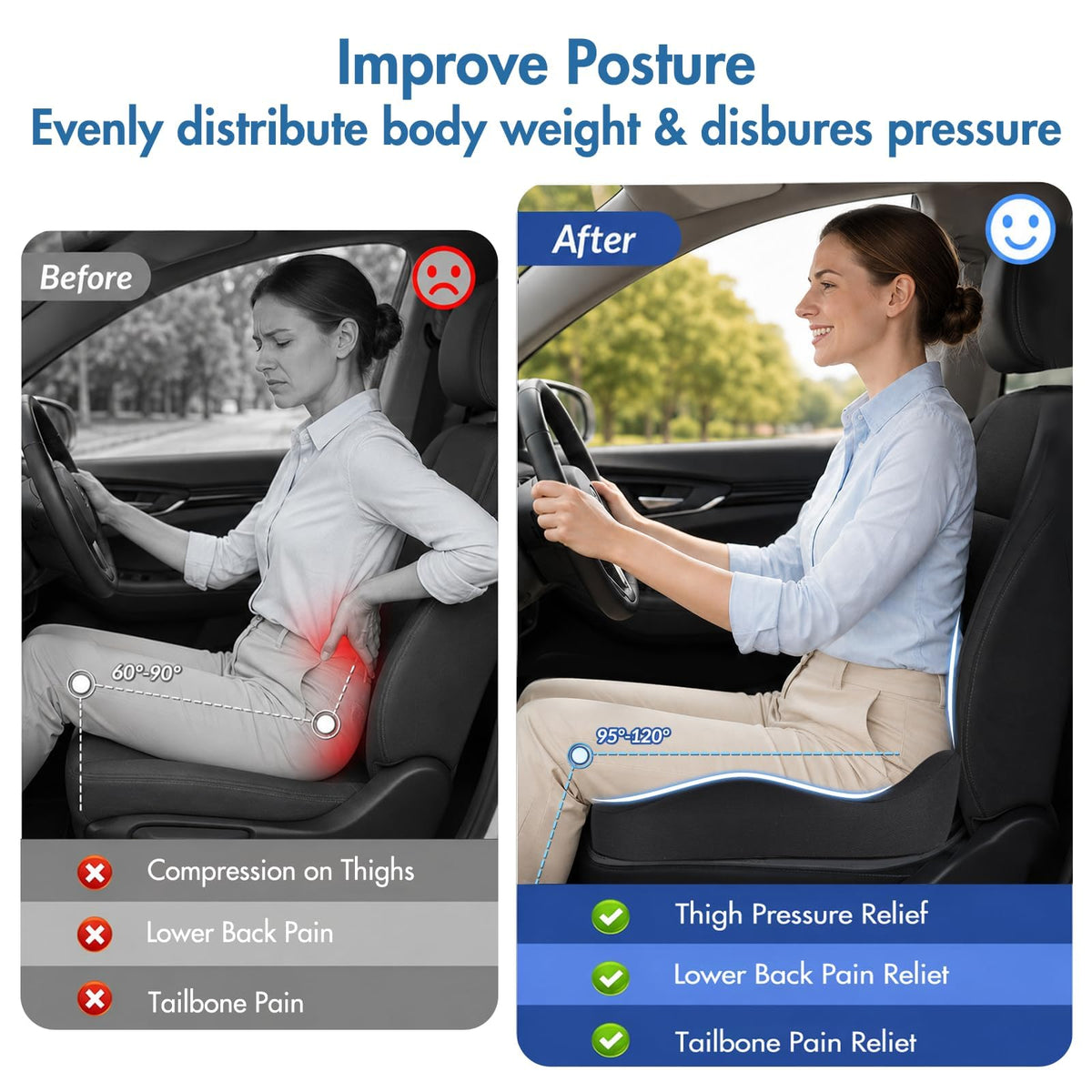 Ergonomic Memory Foam Car Seat Pad for Sciatica Pain Relief