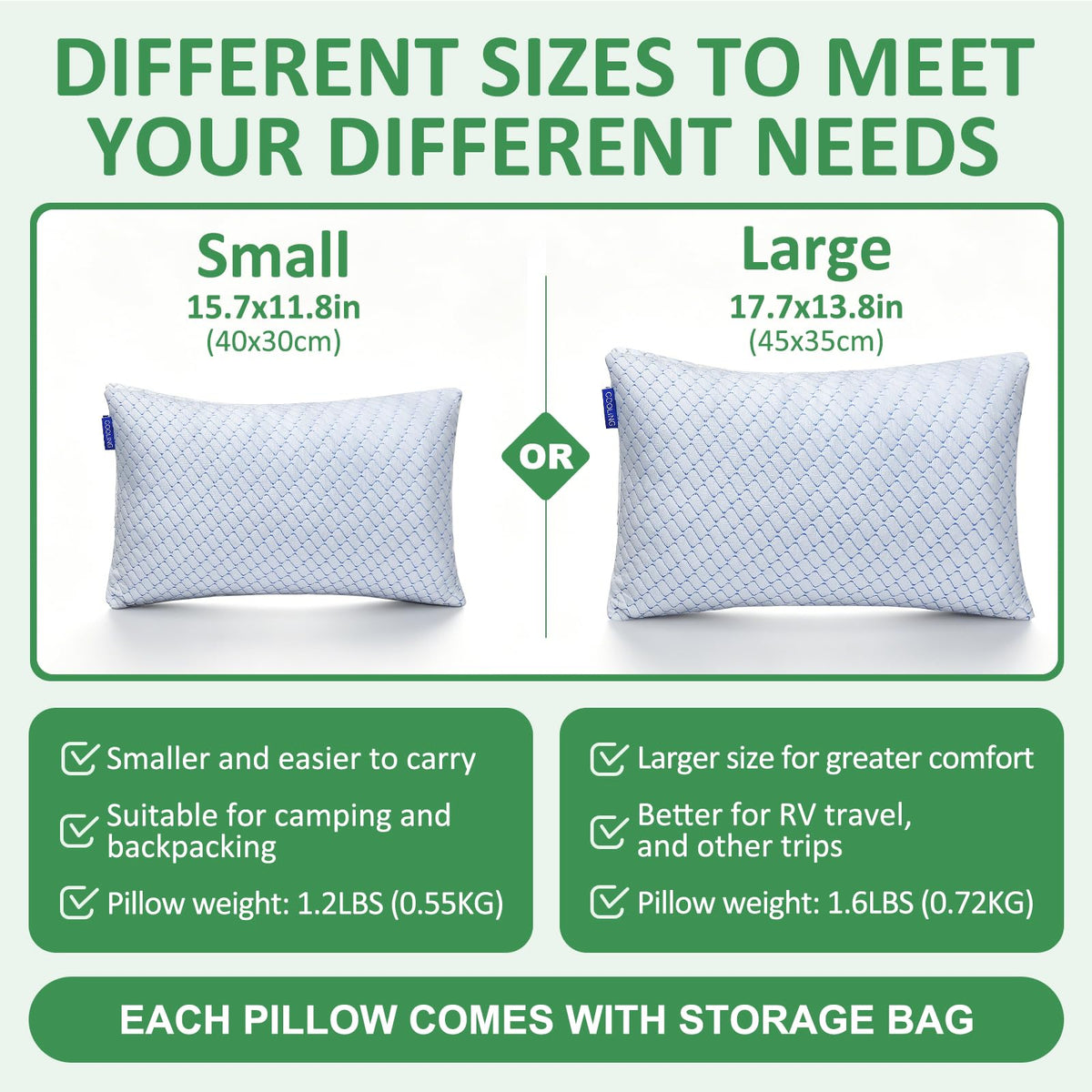 Large 2 Pack Compressible Camping Pillow for Sleeping - Shredded Memory Foam